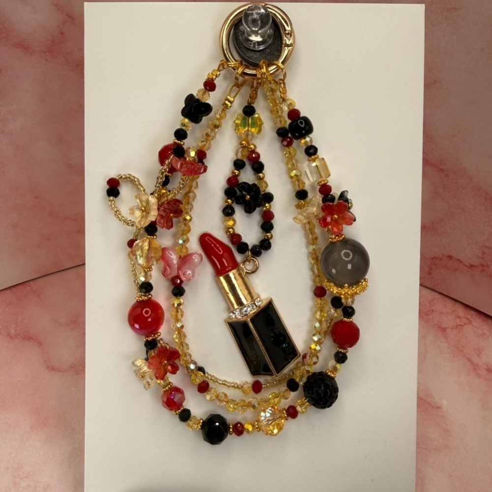 Lipstick Phone Wristlet Charm Red Black Gold Floral Glass Bead Keychain Handmade